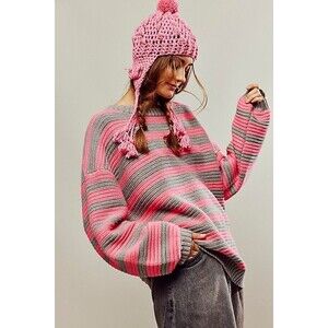 Free People Links Pullover XS Pink Gray Striped Sweater Rib Knit Oversized New